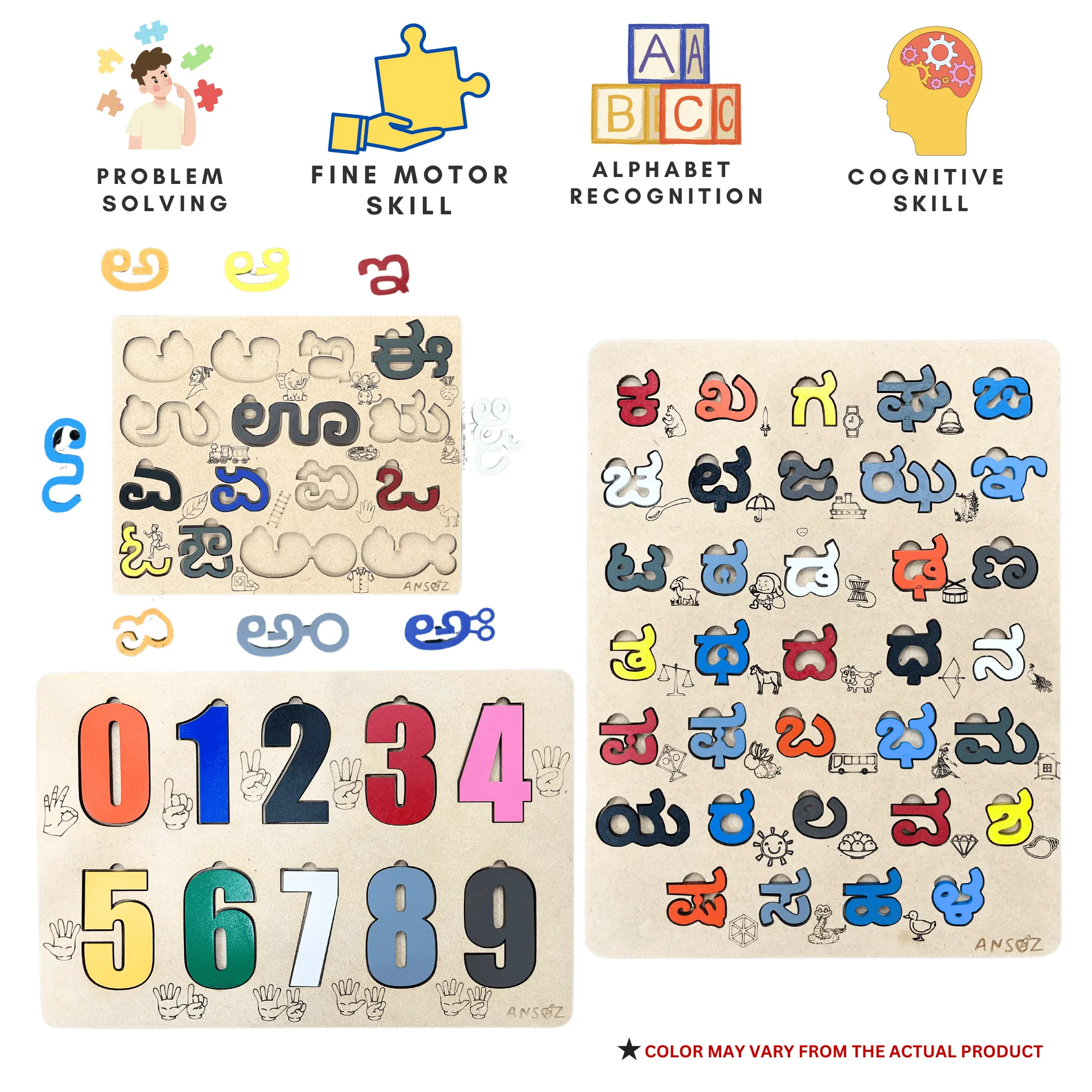 3-in-1 Kannada Learning Alphabet & Number Wooden Puzzle Board | Ansoz