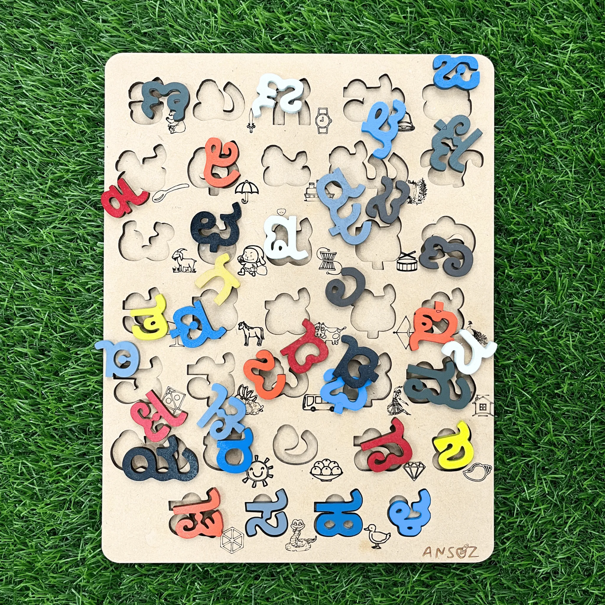 3-in-1 Kannada Learning Alphabet & Number Wooden Puzzle Board | Ansoz