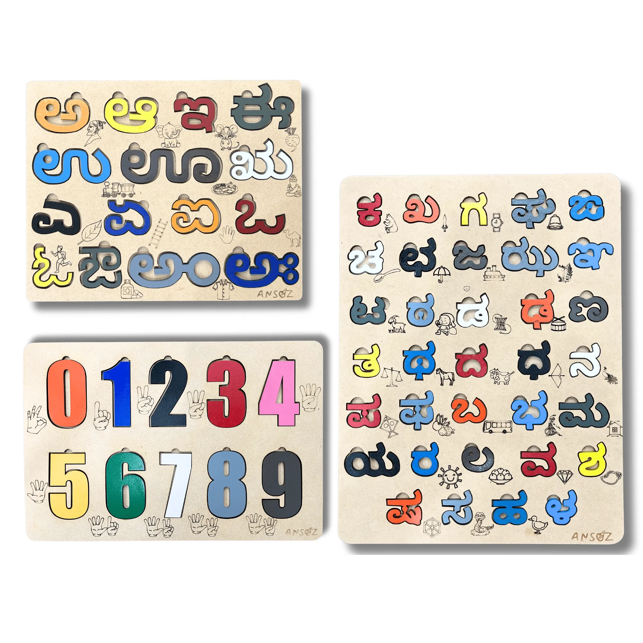 3-in-1 Kannada Learning Alphabet & Number Wooden Puzzle Board | Ansoz