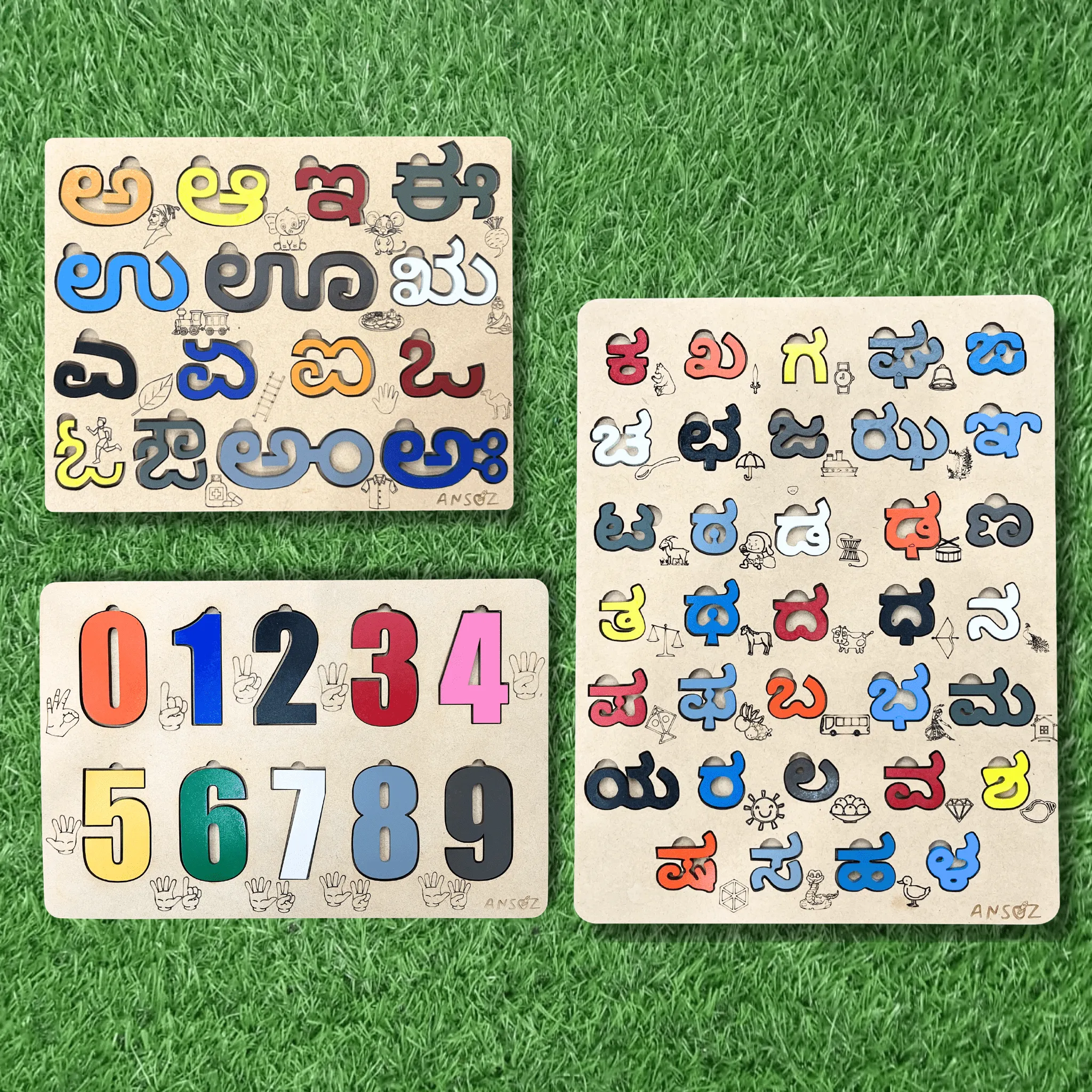 3-in-1 Kannada Learning Alphabet & Number Wooden Puzzle Board | Ansoz
