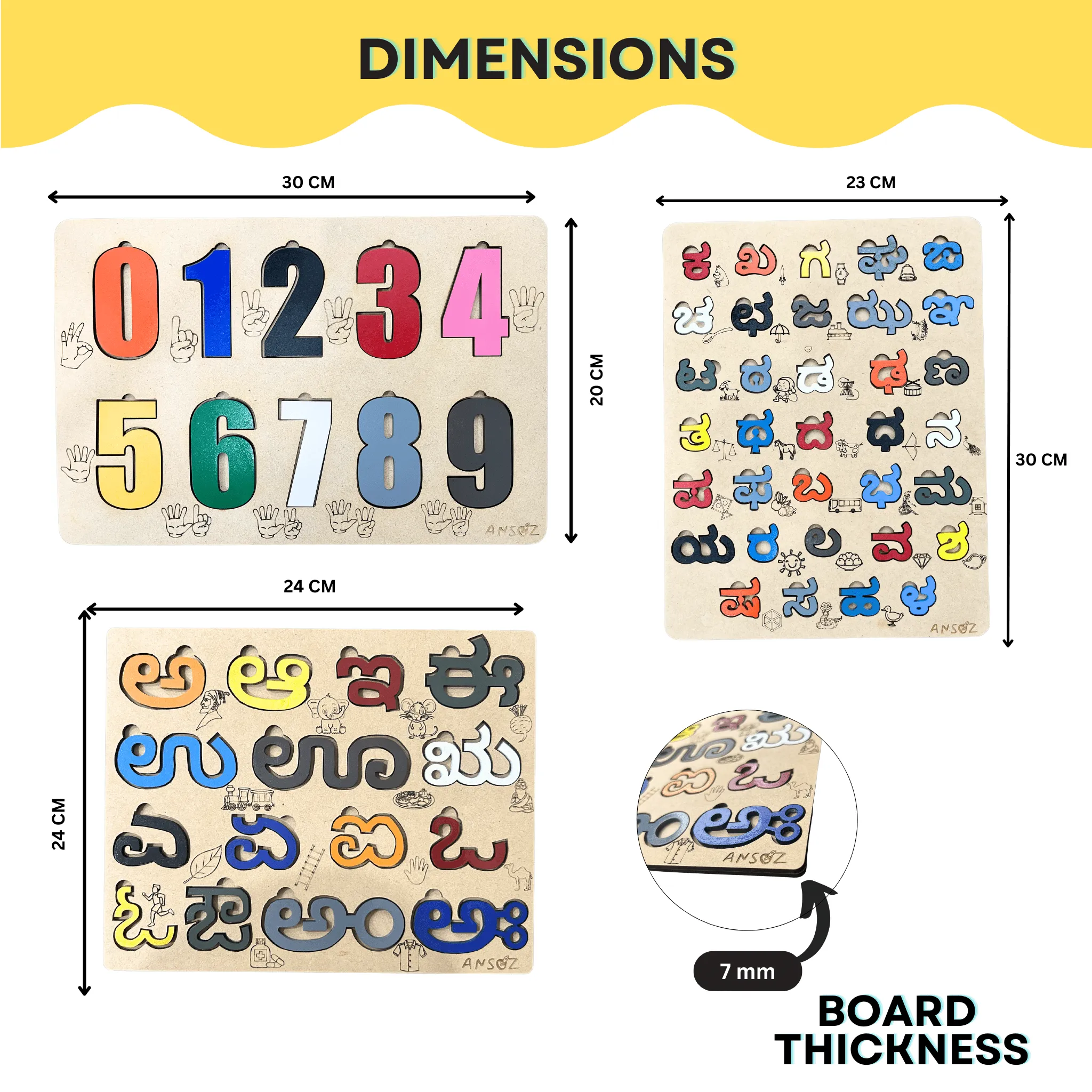 3-in-1 Kannada Learning Alphabet & Number Wooden Puzzle Board | Ansoz