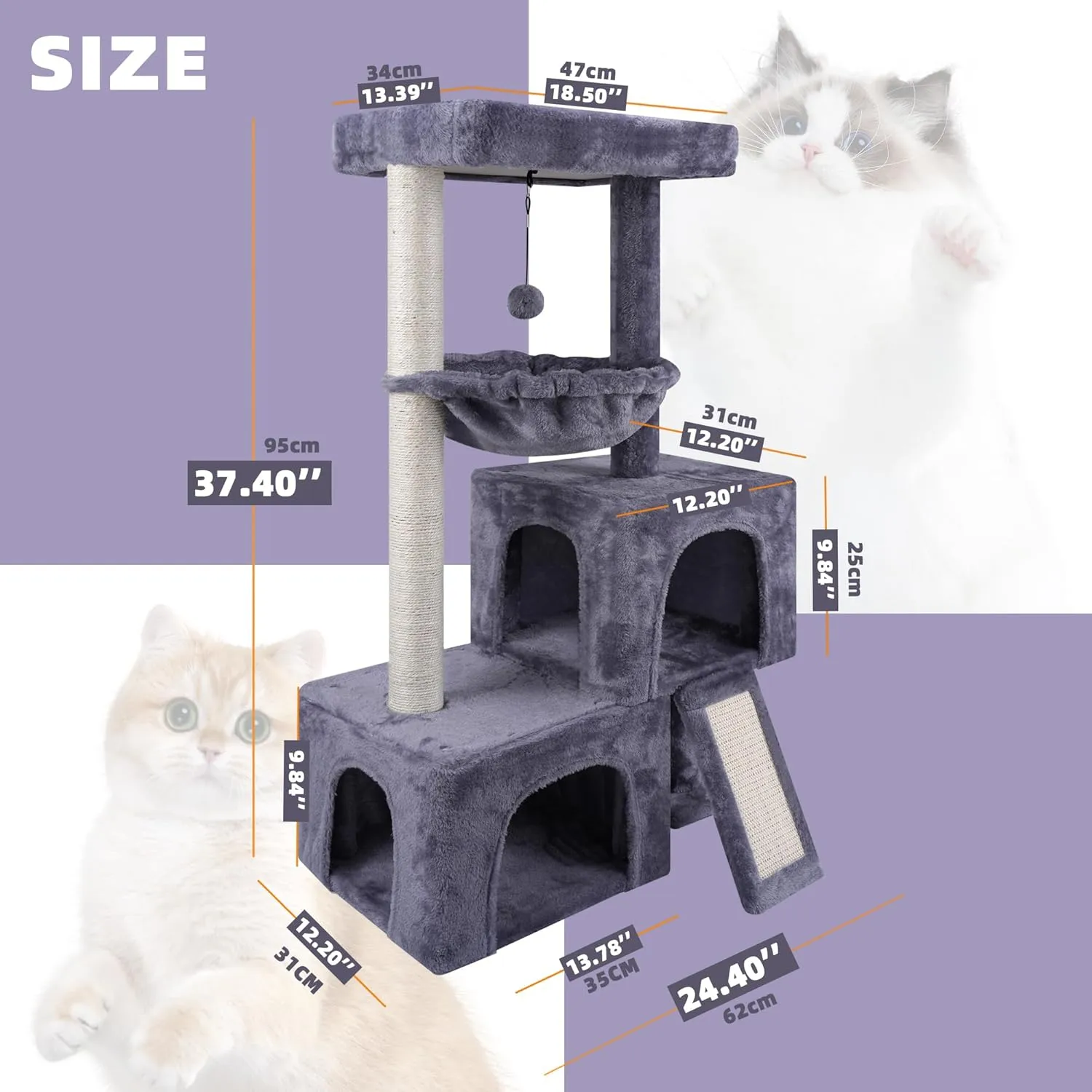 37.4" Cat Tree Tower with Twin Cat Condos for Indoor Cats, All-in-One Activity Center with Cat Scratching Post Cozy Sleeping Perch Hammock and Toy Balls,Grey