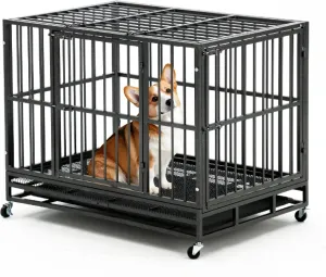 42 Inch Heavy Duty Indestructible Dog Crate, Escape-Proof Cage Kennel for Large Dogs, High Anxiety Dog Crate with Removable Trays, Lockable Wheels, Large Cage XL