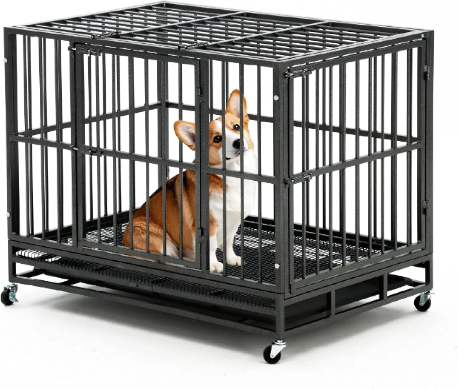 42 Inch Heavy Duty Indestructible Dog Crate, Escape-Proof Cage Kennel for Large Dogs, High Anxiety Dog Crate with Removable Trays, Lockable Wheels, Large Cage XL