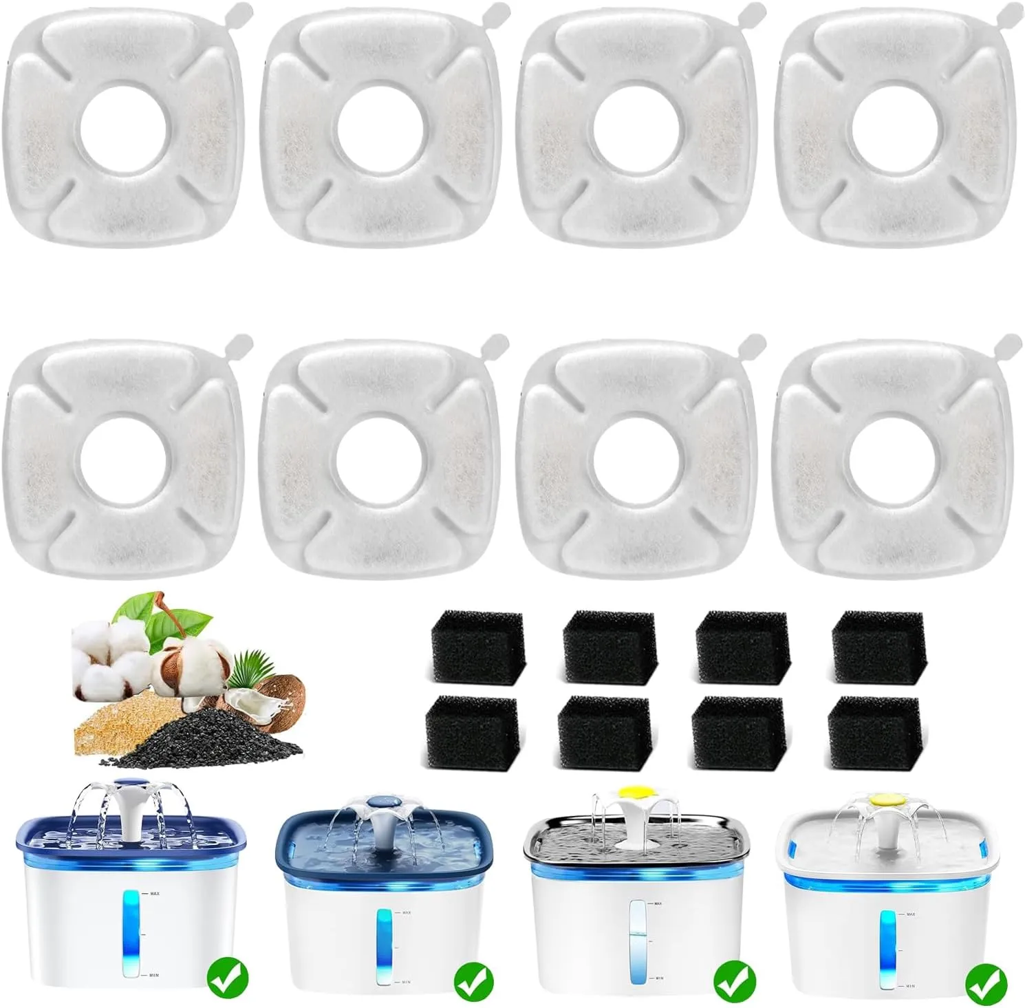 8 Pack Pet Cat Water Fountain Filters Replacement Compatible with Veken 67oz/2L, 95oz/2.8L, 135oz/4L Automatic Stainless Steel Cat Water Fountain, Cat Fountains for Drinking, with Pre-Filter Sponges