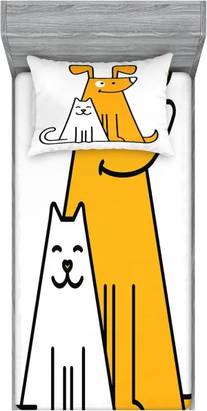 Ambesonne Cartoon Fitted Sheet & Pillow Sham Set, Cats and Dogs Human Best Friends Forever Kids Nursery Room Art Print, Decorative Printed 2 Piece Bedding Decor Set, Twin, Apricot White