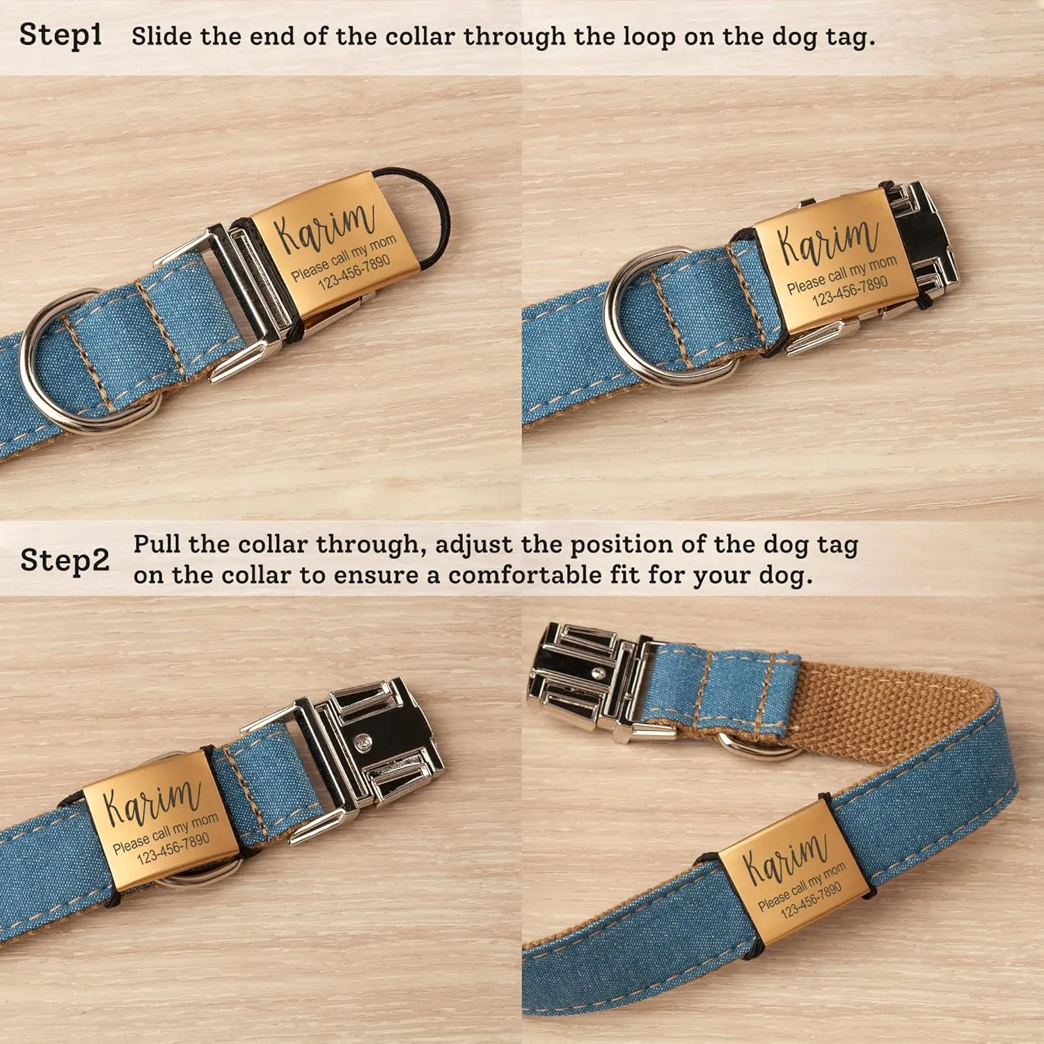 Anavia Slide On Silent Pet ID Tags, S/M/L/XL Personalized Stainless Steel Cat Dog Tag with Elastic Fabric Band, Engraved Nameplate Quiet Chew-Proof Pet Collar Tag (Rose Gold, Large)