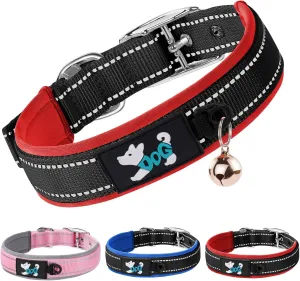 AUAUY Nylon Dog Collar, Pet Dog Reflective Collar, Ultra Soft Neoprene Padded, Adjustable Reflective Stitching Pet Collar with Durable Metal Buckle D-Ring and Label Ring for All Breeds(Red-L)