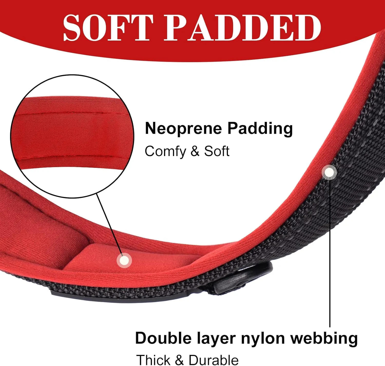 AUAUY Nylon Dog Collar, Pet Dog Reflective Collar, Ultra Soft Neoprene Padded, Adjustable Reflective Stitching Pet Collar with Durable Metal Buckle D-Ring and Label Ring for All Breeds(Red-L)