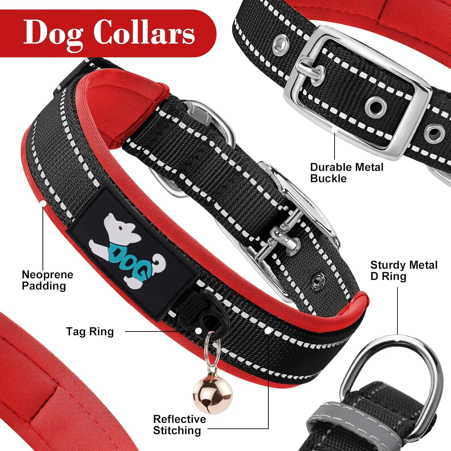 AUAUY Nylon Dog Collar, Pet Dog Reflective Collar, Ultra Soft Neoprene Padded, Adjustable Reflective Stitching Pet Collar with Durable Metal Buckle D-Ring and Label Ring for All Breeds(Red-L)