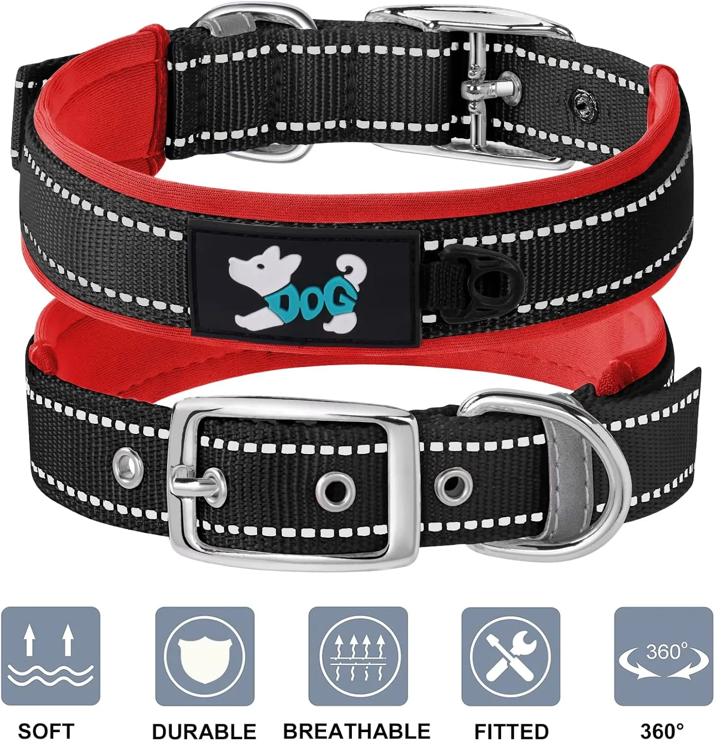 AUAUY Nylon Dog Collar, Pet Dog Reflective Collar, Ultra Soft Neoprene Padded, Adjustable Reflective Stitching Pet Collar with Durable Metal Buckle D-Ring and Label Ring for All Breeds(Red-L)