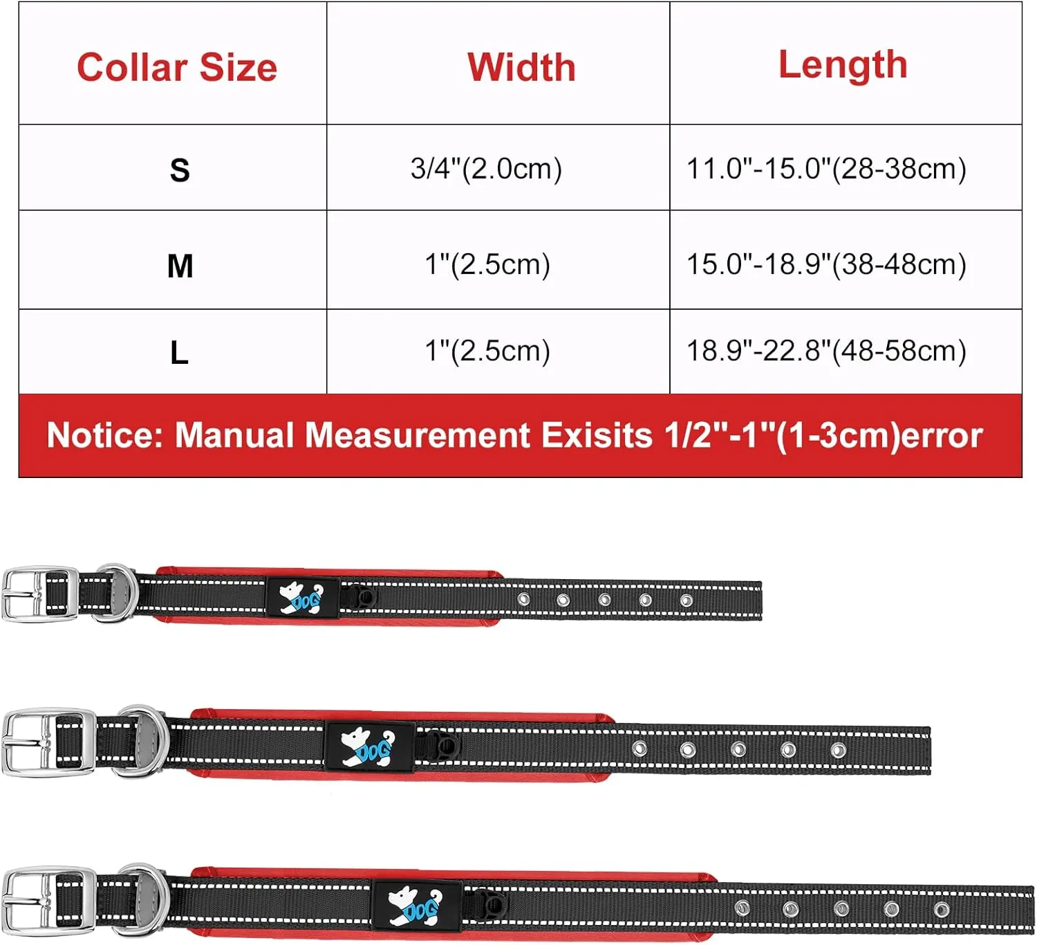 AUAUY Nylon Dog Collar, Pet Dog Reflective Collar, Ultra Soft Neoprene Padded, Adjustable Reflective Stitching Pet Collar with Durable Metal Buckle D-Ring and Label Ring for All Breeds(Red-L)