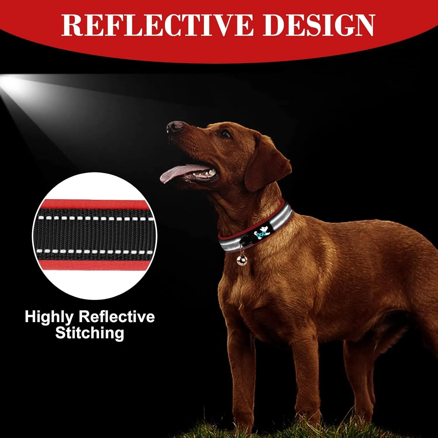 AUAUY Nylon Dog Collar, Pet Dog Reflective Collar, Ultra Soft Neoprene Padded, Adjustable Reflective Stitching Pet Collar with Durable Metal Buckle D-Ring and Label Ring for All Breeds(Red-L)