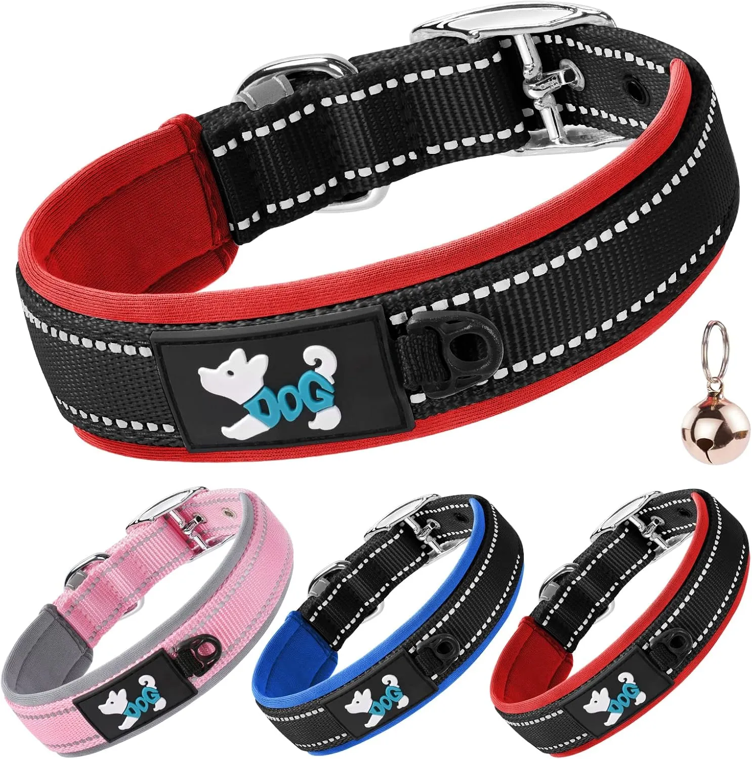 AUAUY Nylon Dog Collar, Pet Dog Reflective Collar, Ultra Soft Neoprene Padded, Adjustable Reflective Stitching Pet Collar with Durable Metal Buckle D-Ring and Label Ring for All Breeds(Red-L)