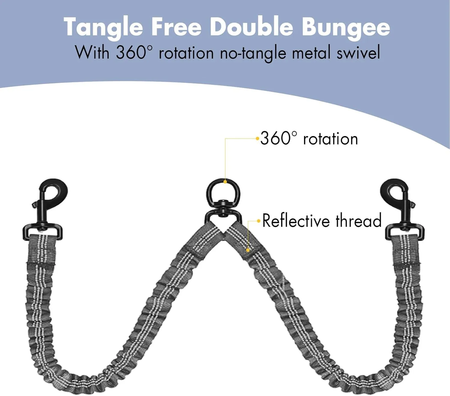 BAOBOTE Pet Double Dog Leash, Shock Absorbing Reflective Bungee Lead Walk 2 Dogs with Ease, 360 Swivel No Tangle Double Dog Walking & Training Leash, Dual Dog Leash for 6-120lbs Dogs (Grey)