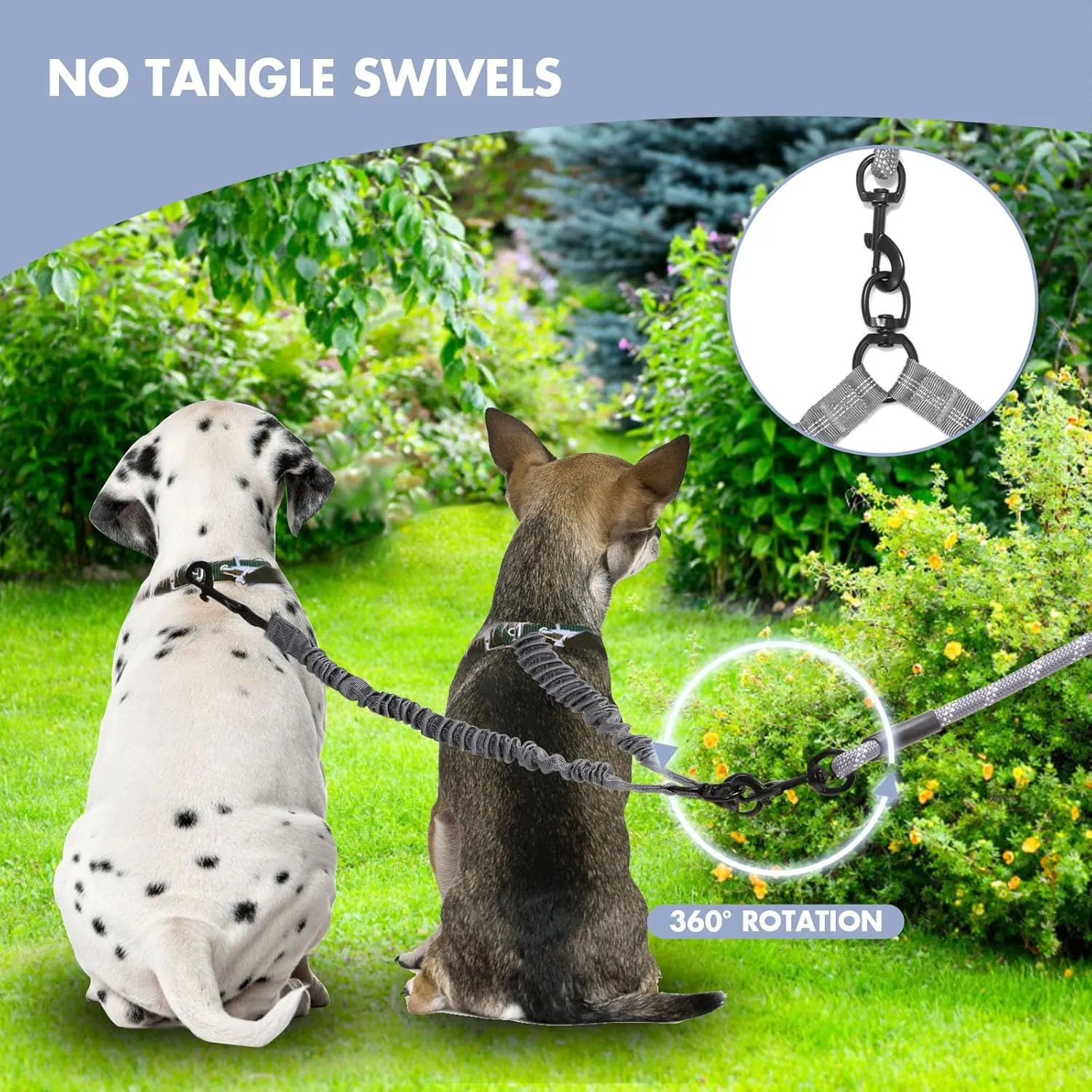 BAOBOTE Pet Double Dog Leash, Shock Absorbing Reflective Bungee Lead Walk 2 Dogs with Ease, 360 Swivel No Tangle Double Dog Walking & Training Leash, Dual Dog Leash for 6-120lbs Dogs (Grey)