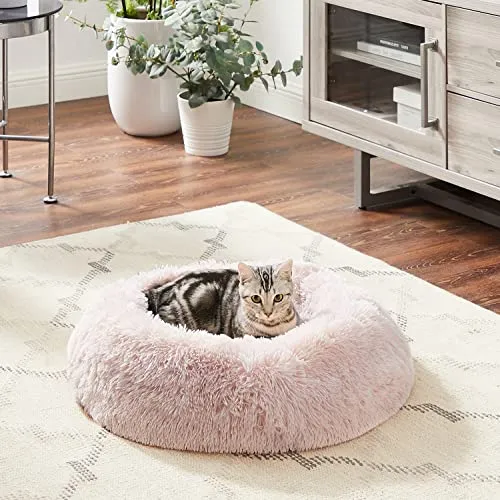 Best Friends by Sheri The Original Calming Donut Cat and Dog Bed in Shag Fur Cotton Candy Pink Small 23x23