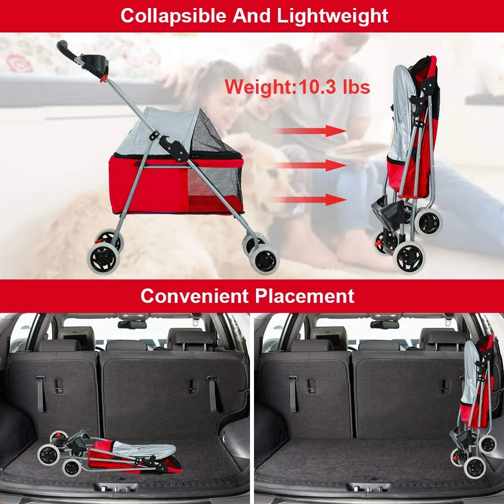 BestPet Pet Stroller 4 Wheels Posh Folding Waterproof Portable Travel Cat Dog Stroller with Cup Holder (Red)