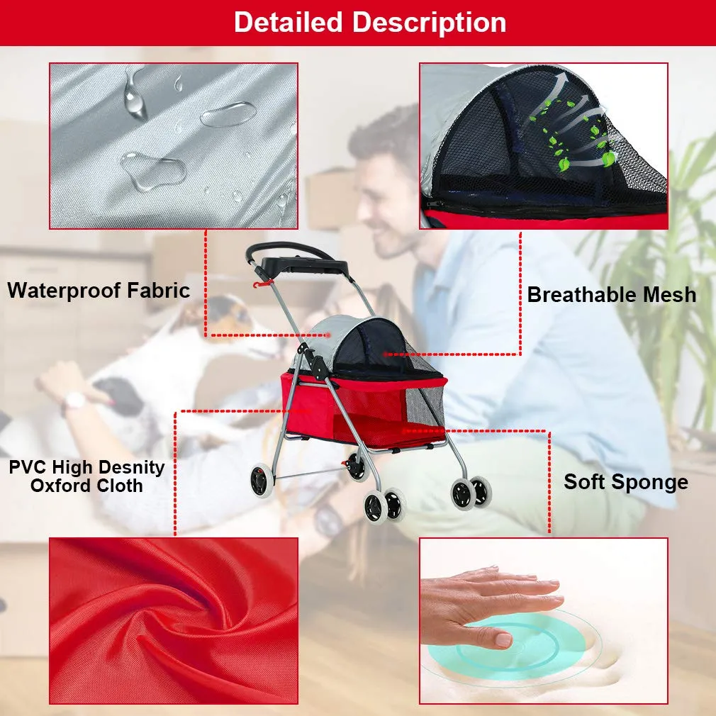 BestPet Pet Stroller 4 Wheels Posh Folding Waterproof Portable Travel Cat Dog Stroller with Cup Holder (Red)