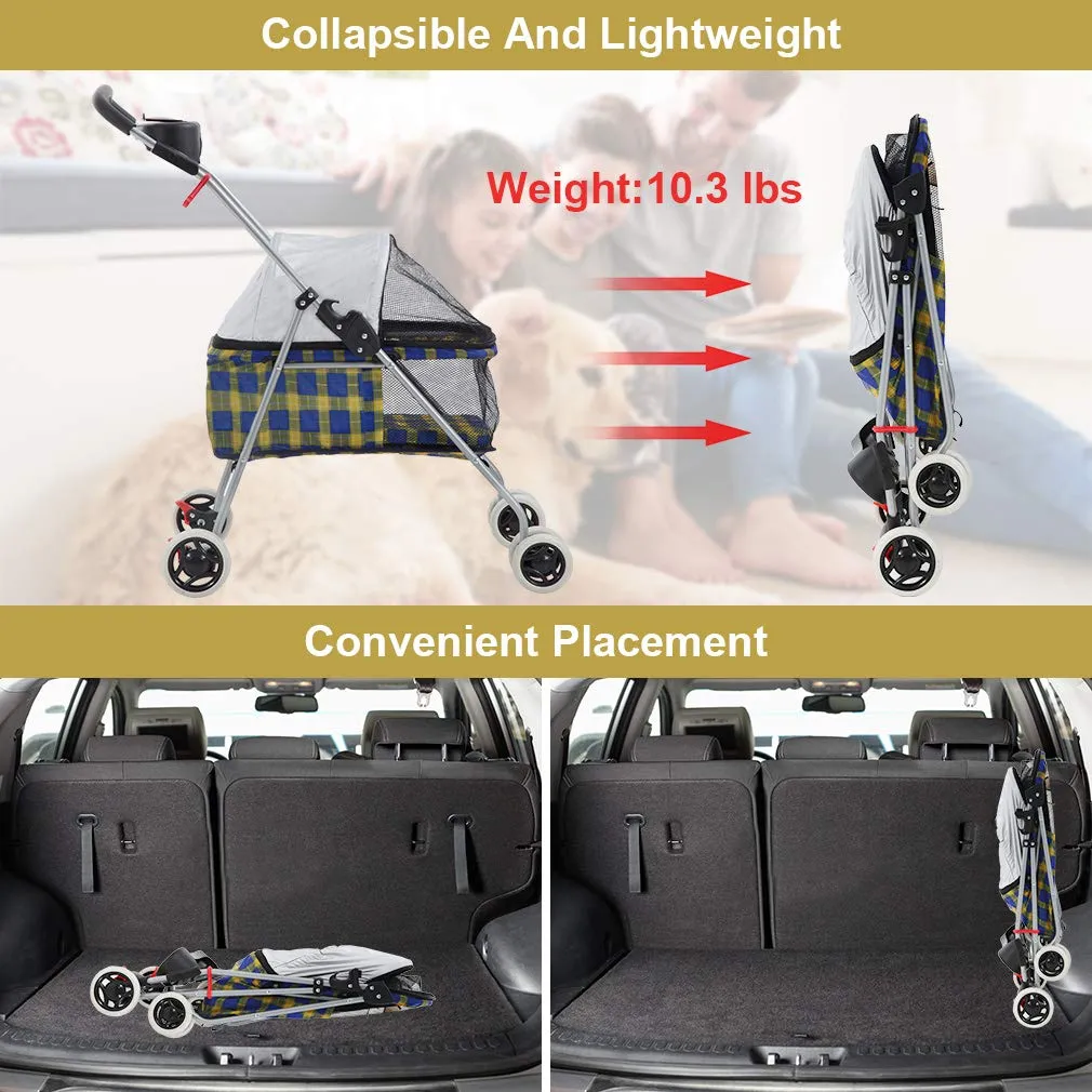 BestPet Pet Stroller 4 Wheels Posh Folding Waterproof Portable Travel Cat Dog Stroller with Cup Holder (Yellow Plaid)