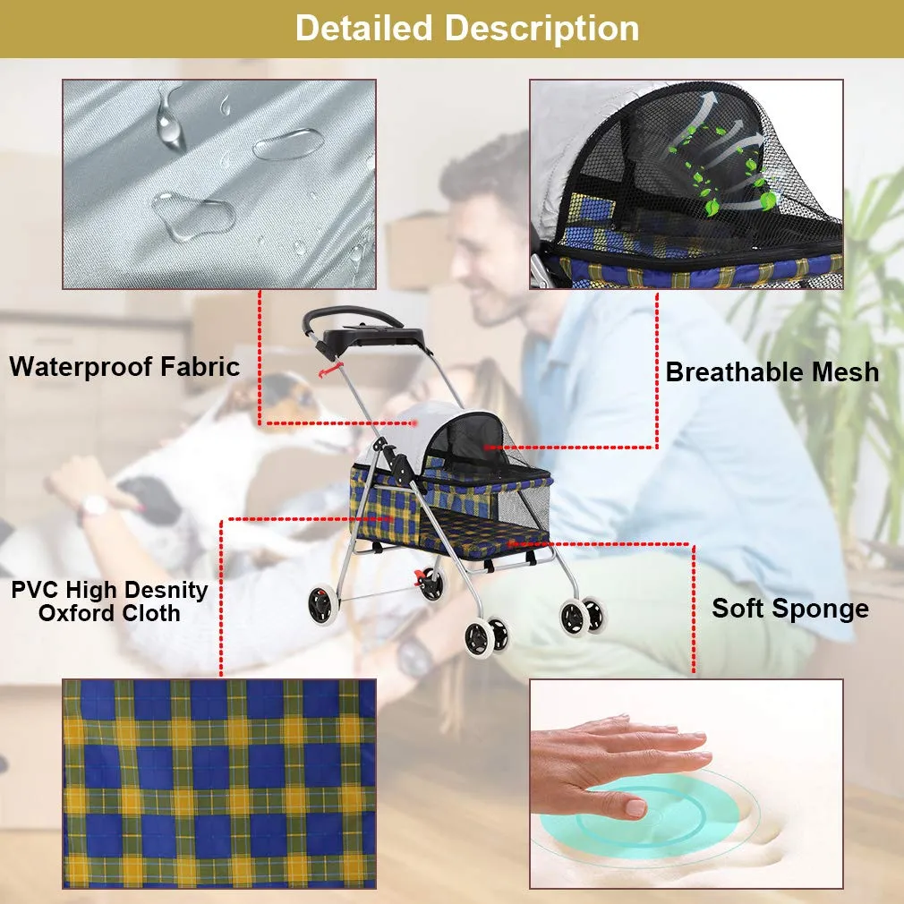 BestPet Pet Stroller 4 Wheels Posh Folding Waterproof Portable Travel Cat Dog Stroller with Cup Holder (Yellow Plaid)