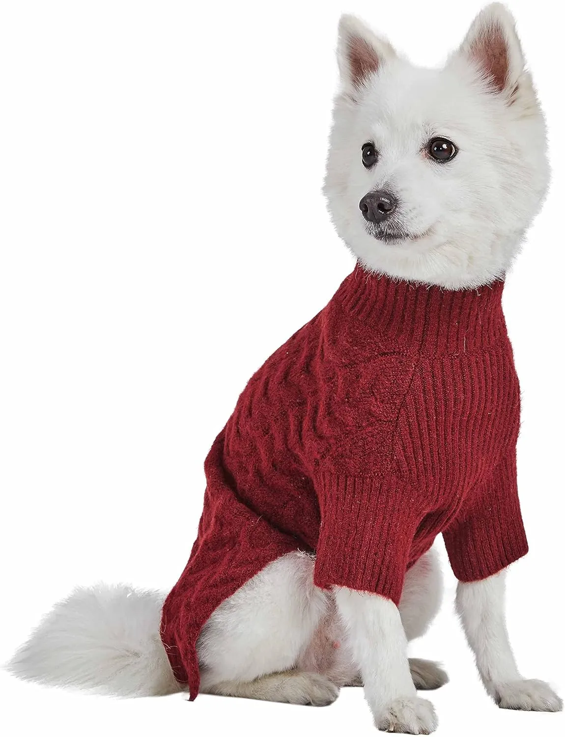 Blueberry Pet Classic Fuzzy Textured Knit Pullover Turtle-Neck Dog Sweater in Burgundy Red, Back Length 16", Pack of 1 Clothes for Dogs