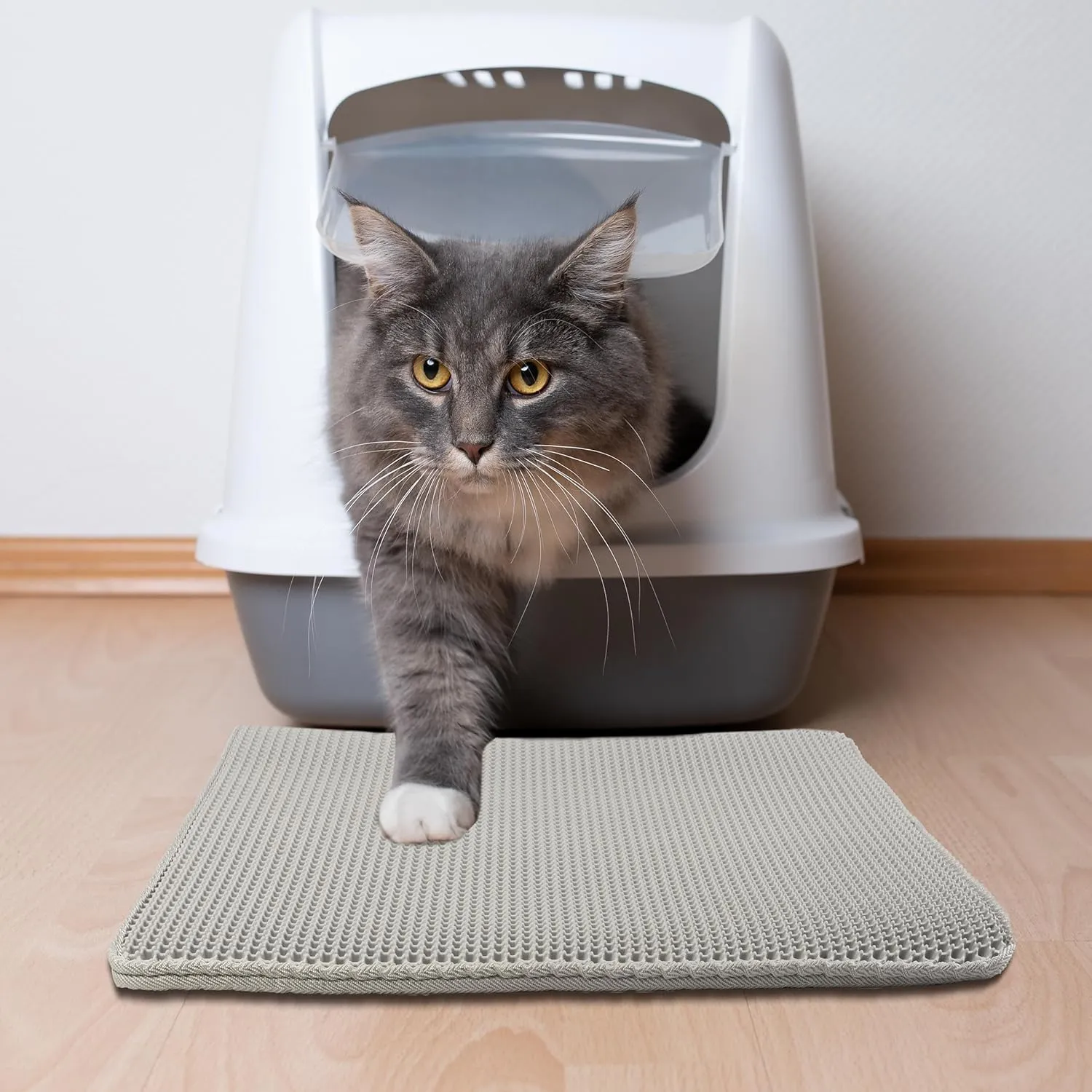 Cat Litter Mat - 24x15-Inch Waterproof Litter Box Mat with Dual-Layer Honeycomb Design for Trapping Litter - Slip-Resistant Cat Mat by PETMAKER (Gray)