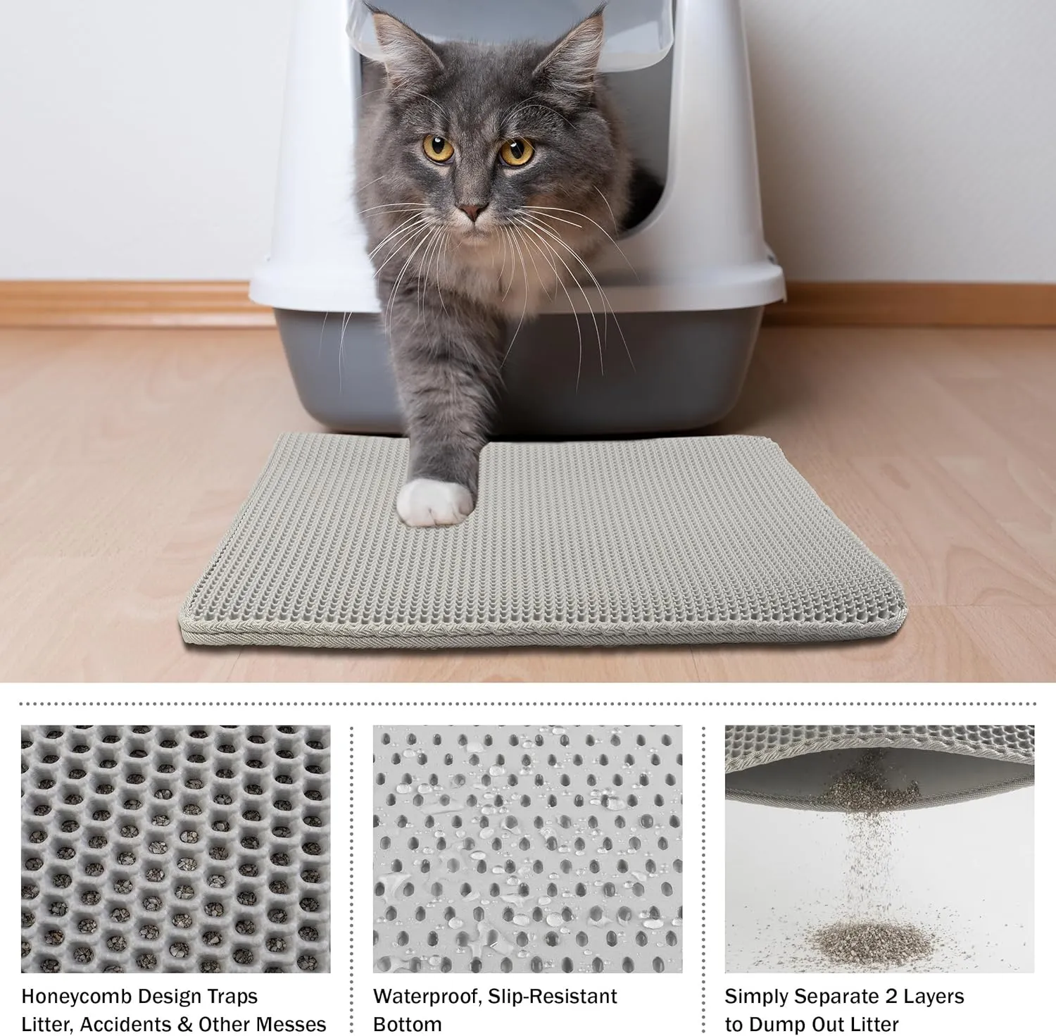 Cat Litter Mat - 24x15-Inch Waterproof Litter Box Mat with Dual-Layer Honeycomb Design for Trapping Litter - Slip-Resistant Cat Mat by PETMAKER (Gray)