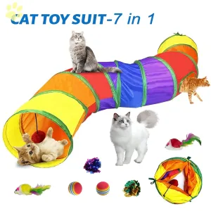 Colorful Collapsible Cat Jungle Tunnel with Toys