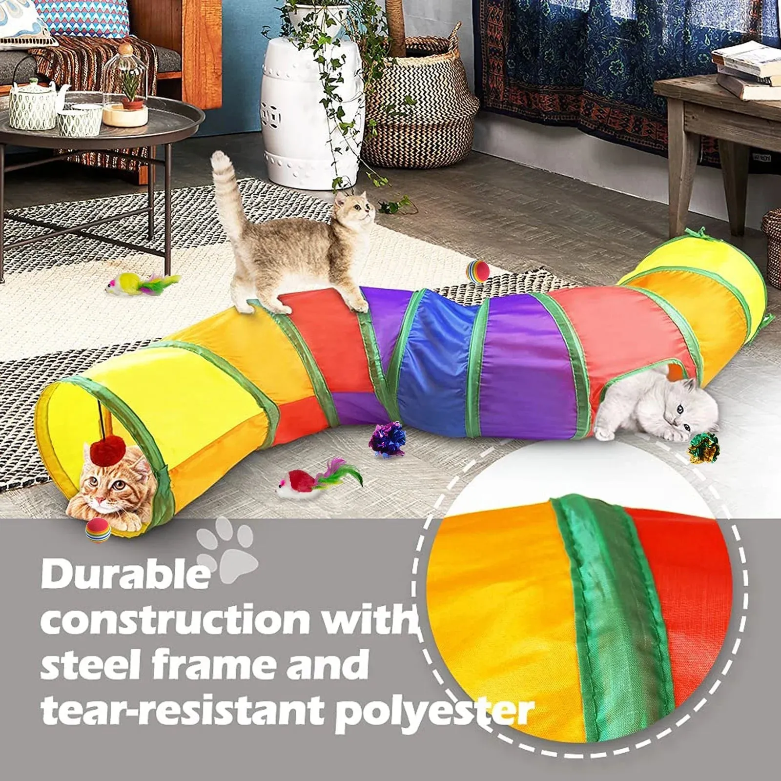 Colorful Collapsible Cat Jungle Tunnel with Toys