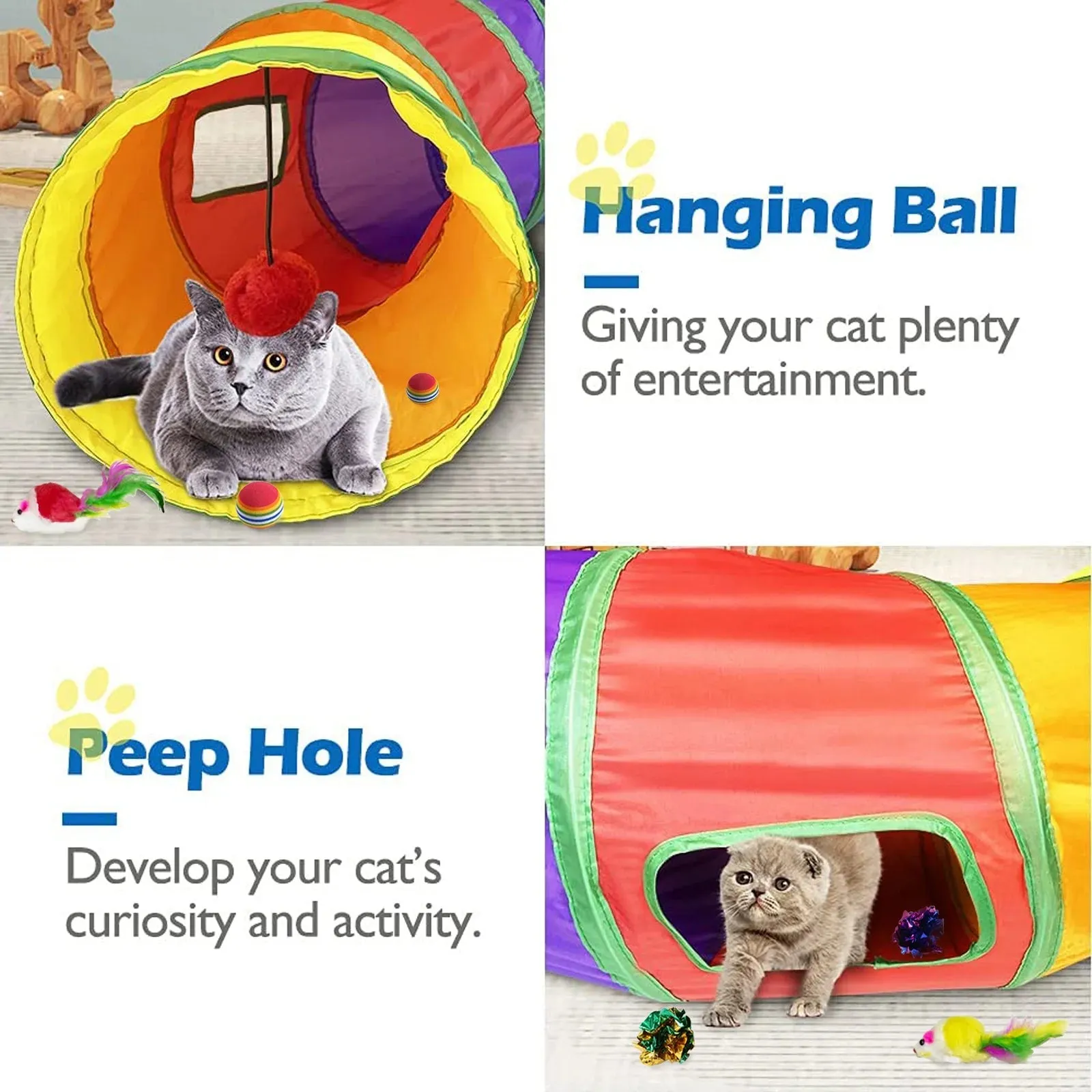 Colorful Collapsible Cat Jungle Tunnel with Toys