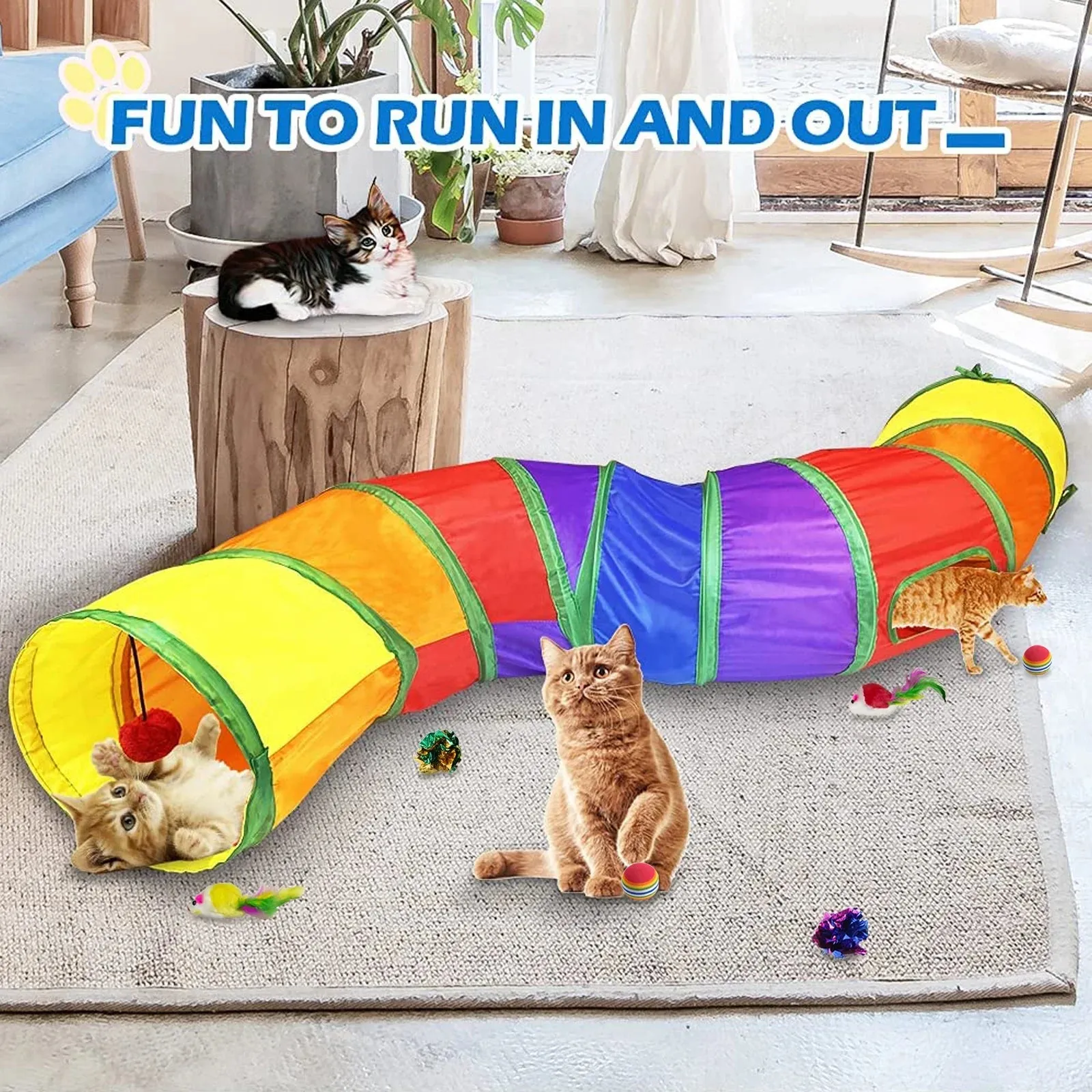 Colorful Collapsible Cat Jungle Tunnel with Toys