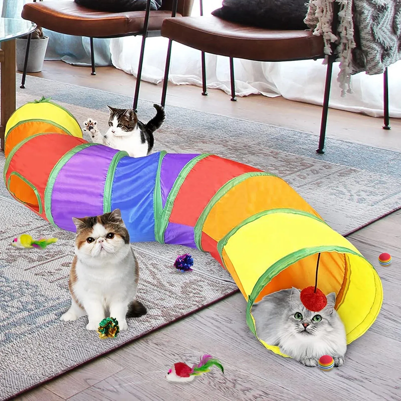 Colorful Collapsible Cat Jungle Tunnel with Toys