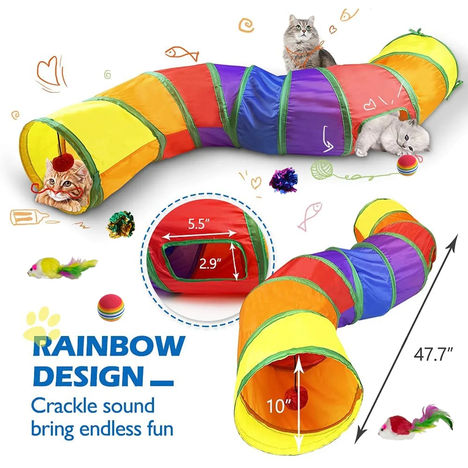 Colorful Collapsible Cat Jungle Tunnel with Toys