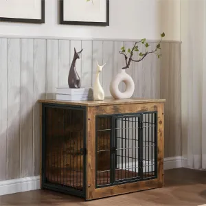 Dog Crate Furniture with Cushion, Wooden Dog Kennel Furniture, Heavy Duty Dog Cage, Dog Crates for Small/Medium Dogs, Rustic Brown