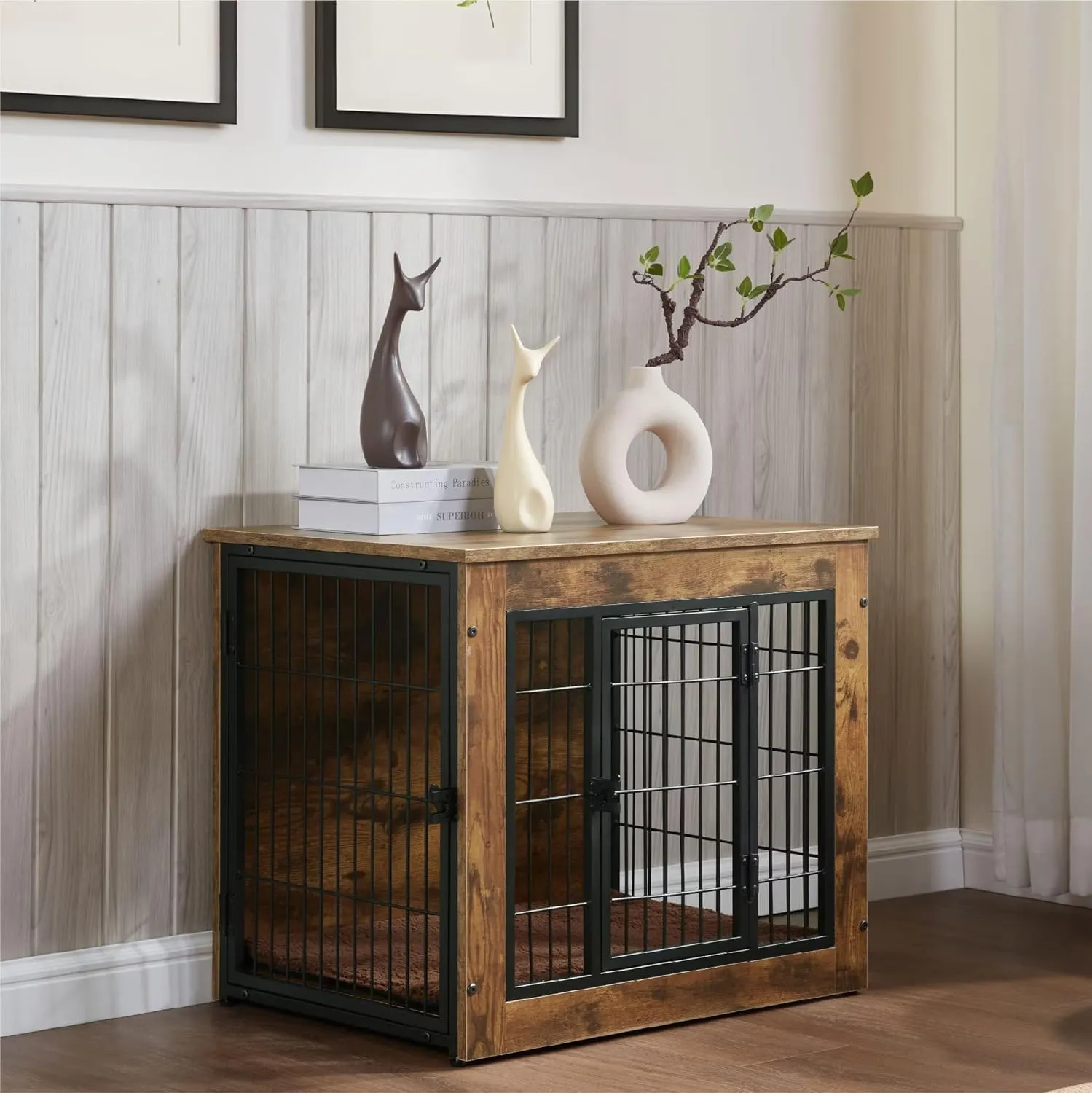 Dog Crate Furniture with Cushion, Wooden Dog Kennel Furniture, Heavy Duty Dog Cage, Dog Crates for Small/Medium Dogs, Rustic Brown