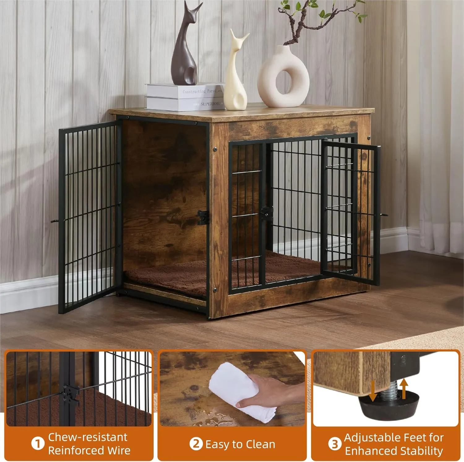 Dog Crate Furniture with Cushion, Wooden Dog Kennel Furniture, Heavy Duty Dog Cage, Dog Crates for Small/Medium Dogs, Rustic Brown