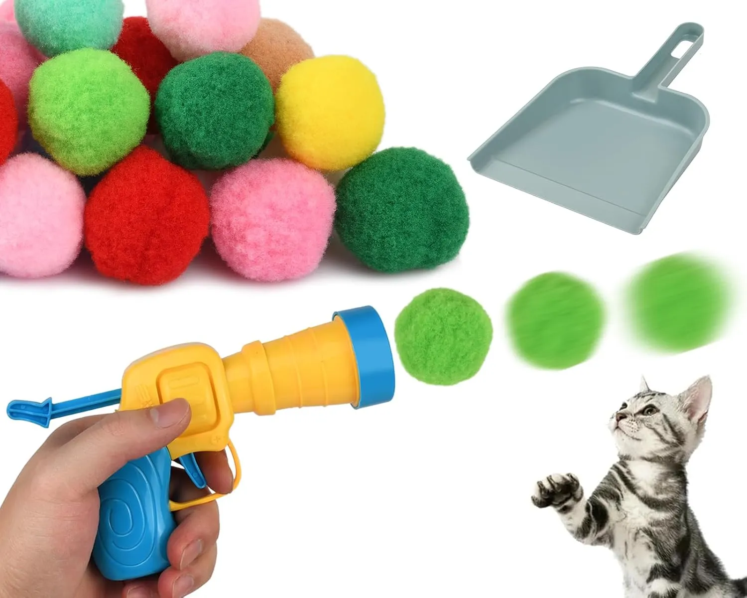 DS. DISTINCTIVE STYLE Cat Balls Toy Gun, Launchers Set with 50 Pom Pom Balls with Shovel & 2 Ball Shooters, Interactive Cat Toy Ball for Indoor Enrichment