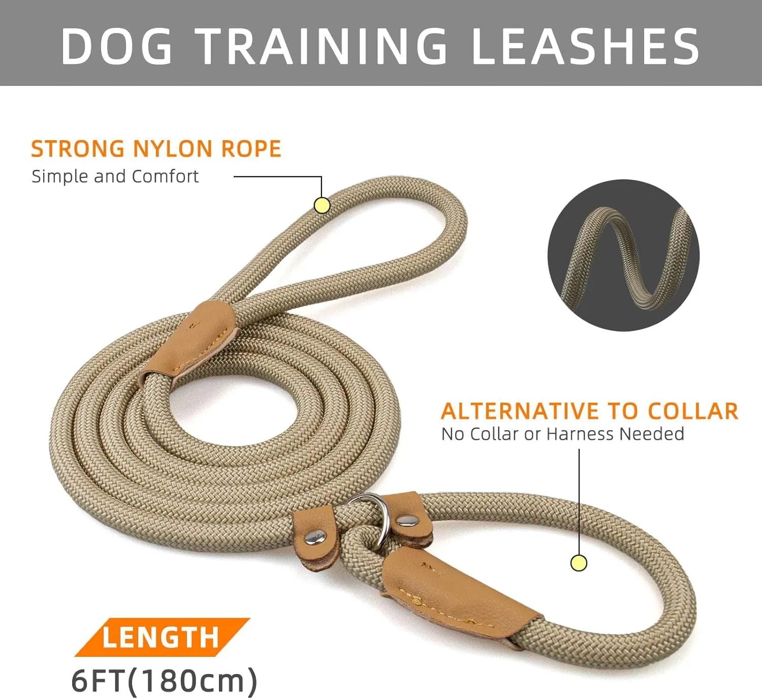 Durable Slip Leads for Dogs, Heavy Duty Strong Rope Slip Leash for Large, Medium Dogs No Pull Training Leashes (Khaki, 3/8" x 6 FT (0~30 lbs.))