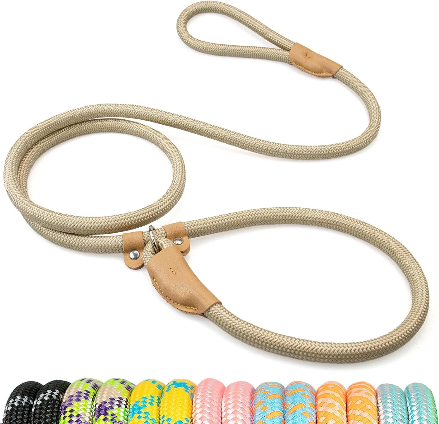 Durable Slip Leads for Dogs, Heavy Duty Strong Rope Slip Leash for Large, Medium Dogs No Pull Training Leashes (Khaki, 3/8" x 6 FT (0~30 lbs.))