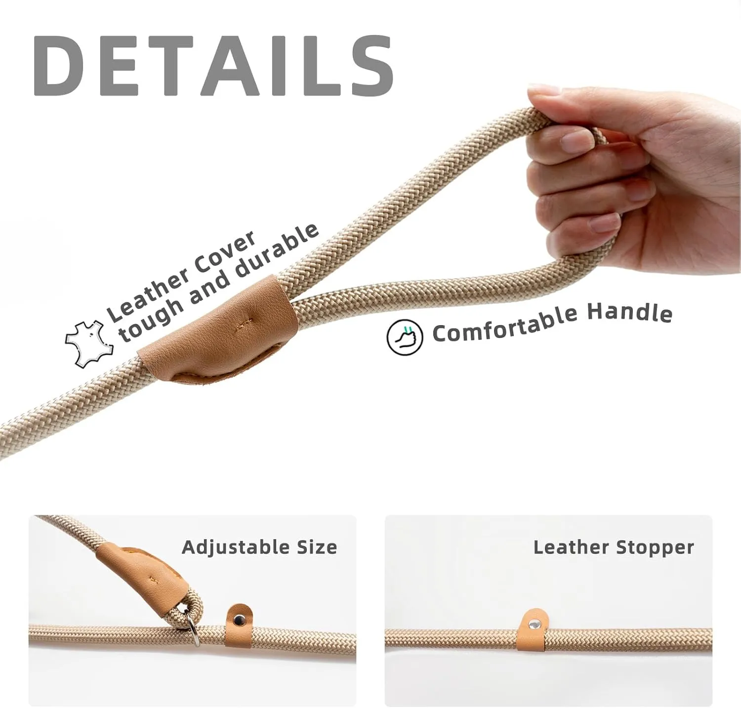 Durable Slip Leads for Dogs, Heavy Duty Strong Rope Slip Leash for Large, Medium Dogs No Pull Training Leashes (Khaki, 3/8" x 6 FT (0~30 lbs.))