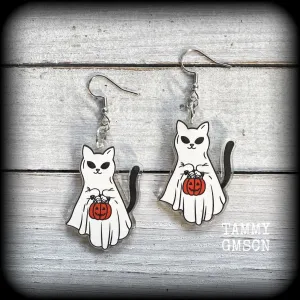 Ghost cat and jack o’ lantern earrings-Trick or treat halloween earrings