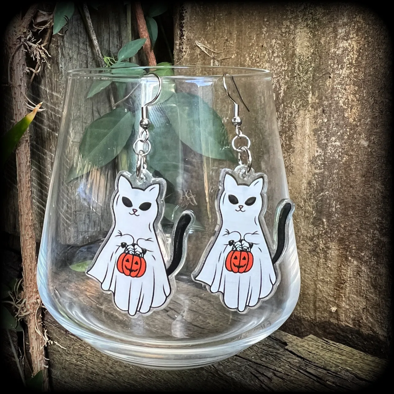 Ghost cat and jack o’ lantern earrings-Trick or treat halloween earrings