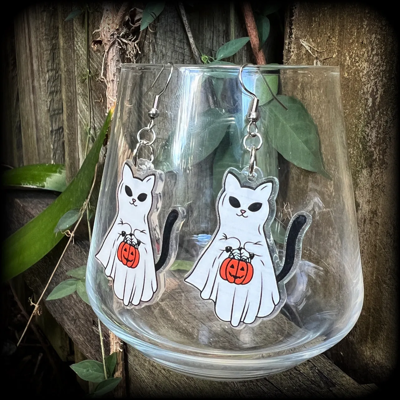 Ghost cat and jack o’ lantern earrings-Trick or treat halloween earrings