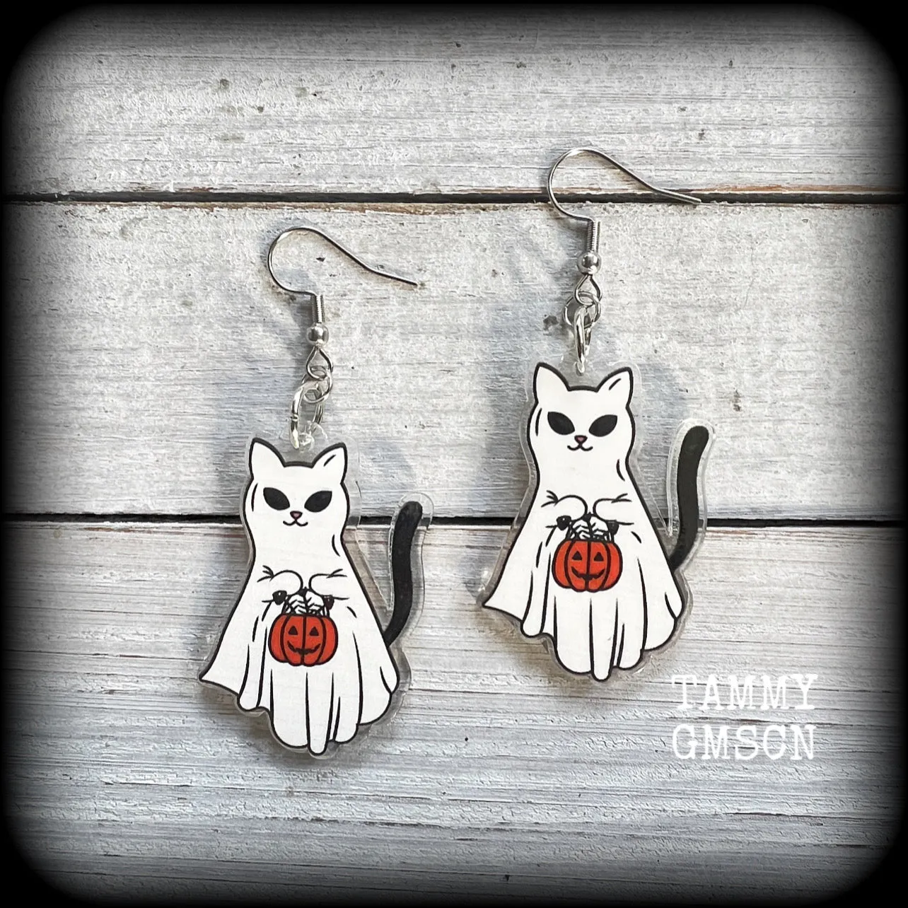 Ghost cat and jack o’ lantern earrings-Trick or treat halloween earrings