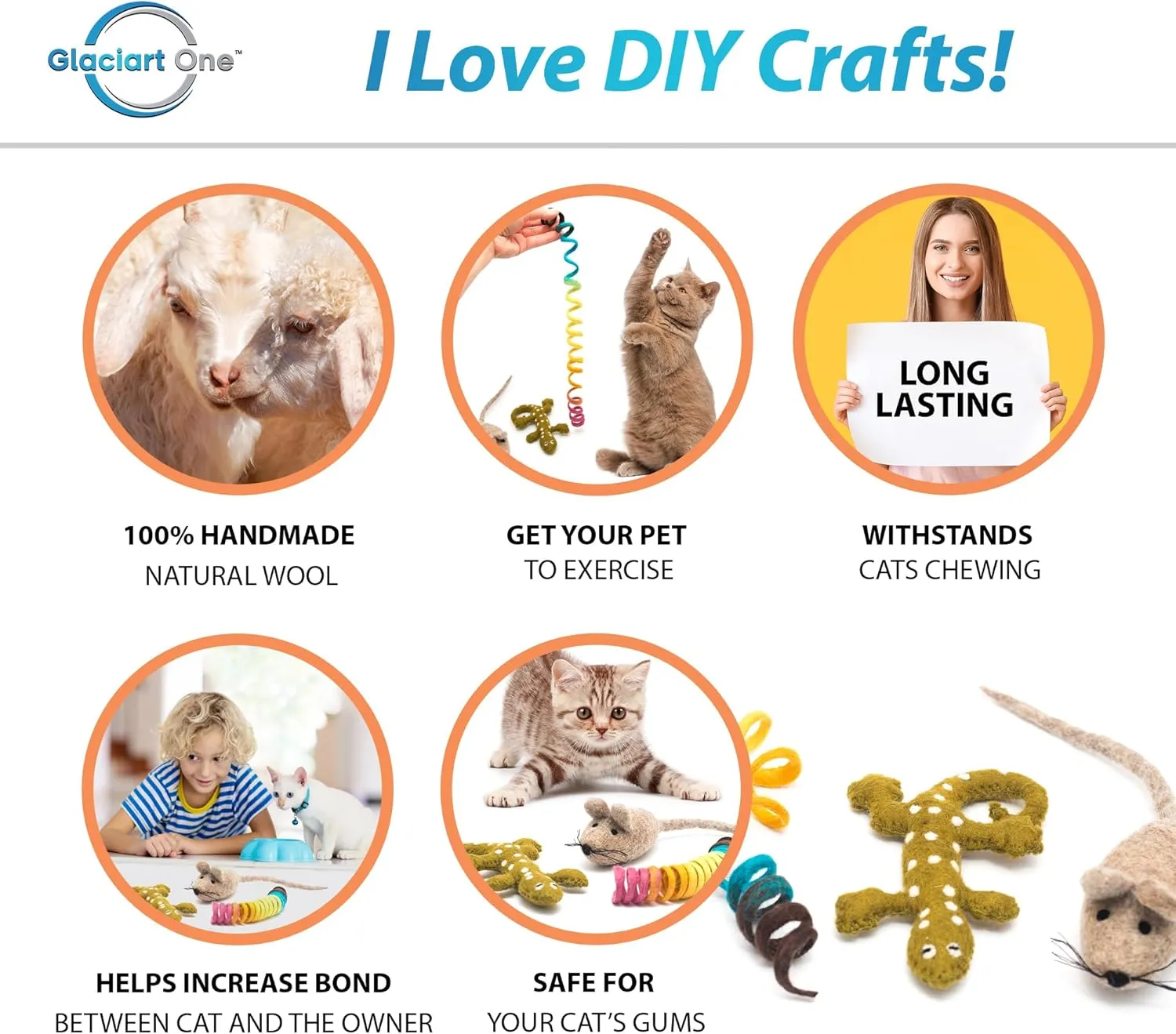 Glaciart One Wool Cat Toy Set with Catnip | Cute Cat Toy for Interaction & Boredom Relief, Encourages to Exercise, Explore & Play | Filled w/Organic Catnip to Help Sooth or Reduce Anxiety