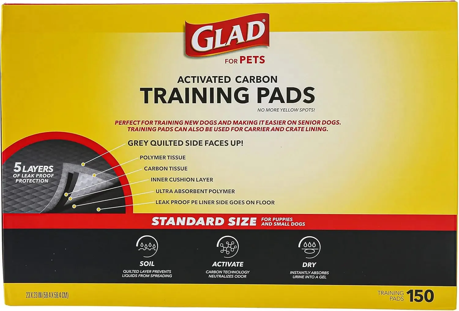 Glad for Pets Black Charcoal Puppy Pads Dog Pee Pads for Crate Training and Indoor Use 23" x 23" - 150 Count