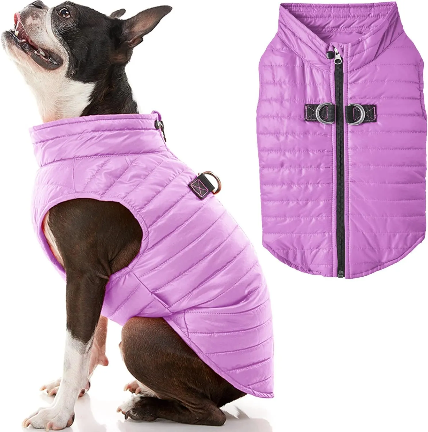 Gooby Puffer Vest Dog Jacket - Purple, Medium - Ultra Thin Zip Up Wind Breaker with Dual D Ring Leash - Water Resistant Small Dog Sweater Coat - Dog Clothes for Small Dogs Boy or Medium Dogs, (18")
