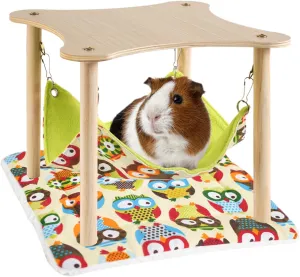 Guinea Pig Hammock with Soft Mat, Wooden Guinea Pig Hideout Toys with Double-Sided Hanging Hammock Bed for Hamster Chinchilla Rat Bunny Ferrets Sleeping Hiding