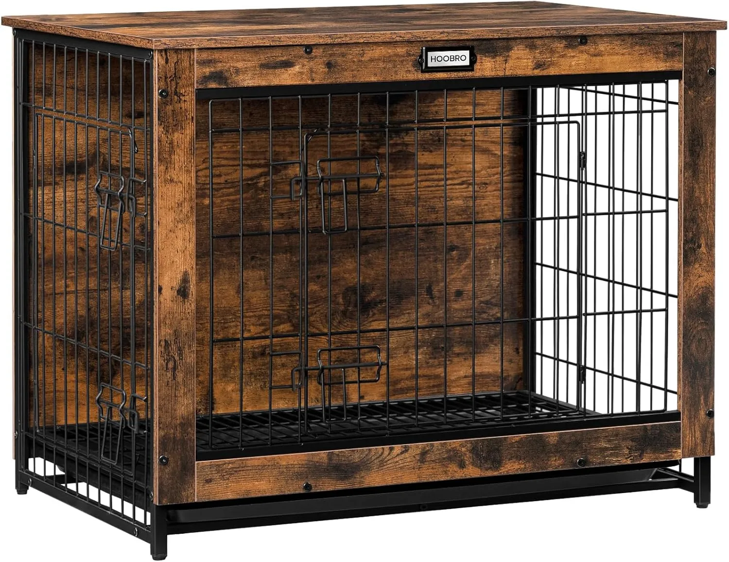 HOOBRO Dog Crate Furniture, 32.5" Medium Dog Kennel Indoor, Wooden Cage with Pull-Out Tray, Double Doors Pet House Side End Table for Medium/Small Dogs, Rustic Brown BF802GW03G1